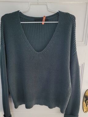 Jenni Kayne Ribbed Knit Sweater V-Neck Knit In Teal Size Large